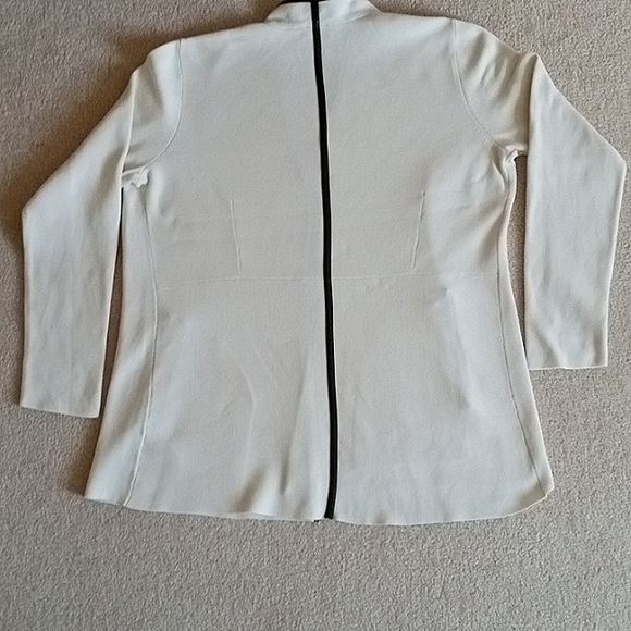 Woman's Medium Talbots Off White Open Cardigan Black Fax Leather Trim - Picture 2 of 6